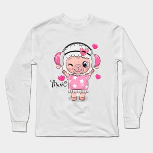 Cute little lamb in a pink dress and headphones. Long Sleeve T-Shirt